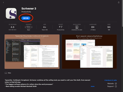 Mac App Store 中 Scrivener 的购买按钮