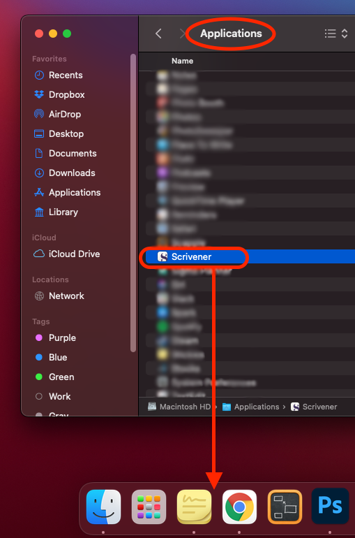 将 Scrivener 拖入 Dock