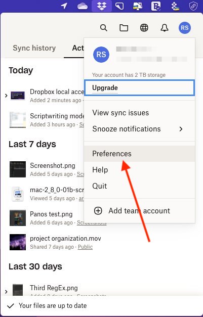 Dropbox 用户菜单中的首选项