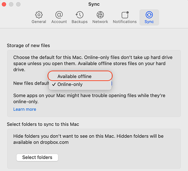 Dropbox 首选项中同步选项卡的设置