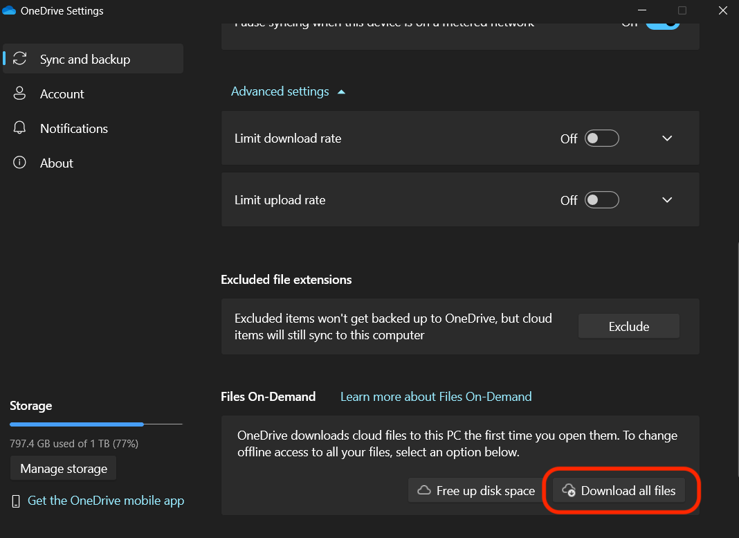 OneDrive 设置中的下载所有文件按钮
