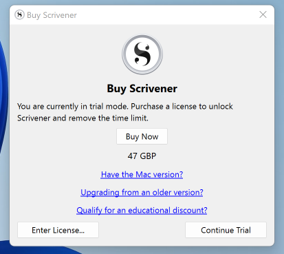 Scrivener 试用模式提示消息截图